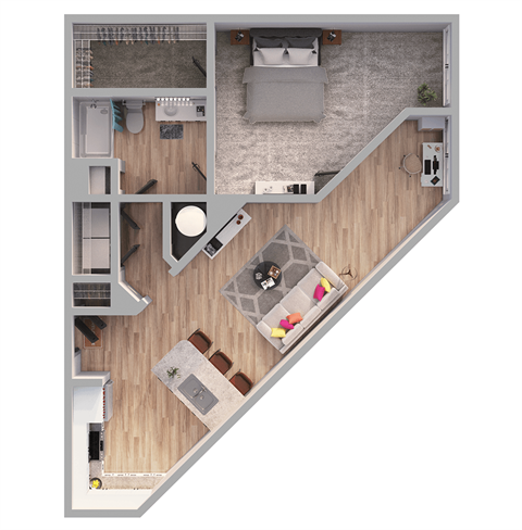 Floor plan for 1 bed, 1 bath, 895 sqft